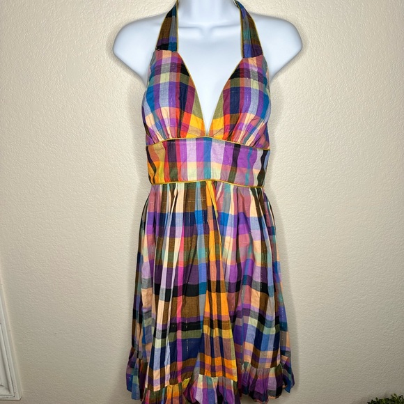 French Connection Rainbow Metallic Plaid Halter Dress Sz 2. XS $148 - Picture 2 of 4